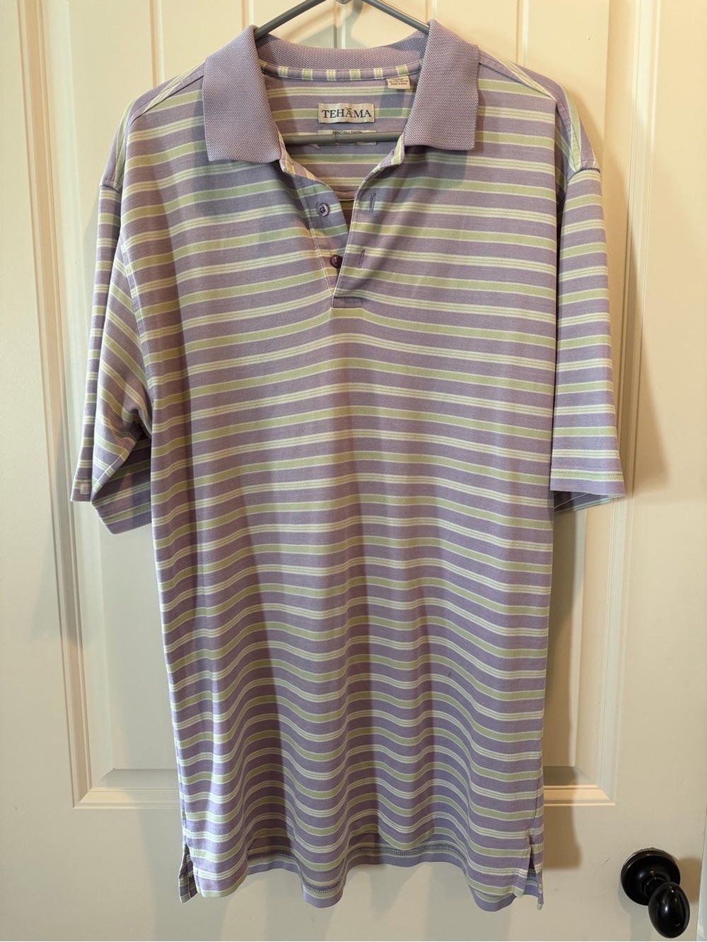 TEHAMA Lavender Polo with Light Green and White Stripes